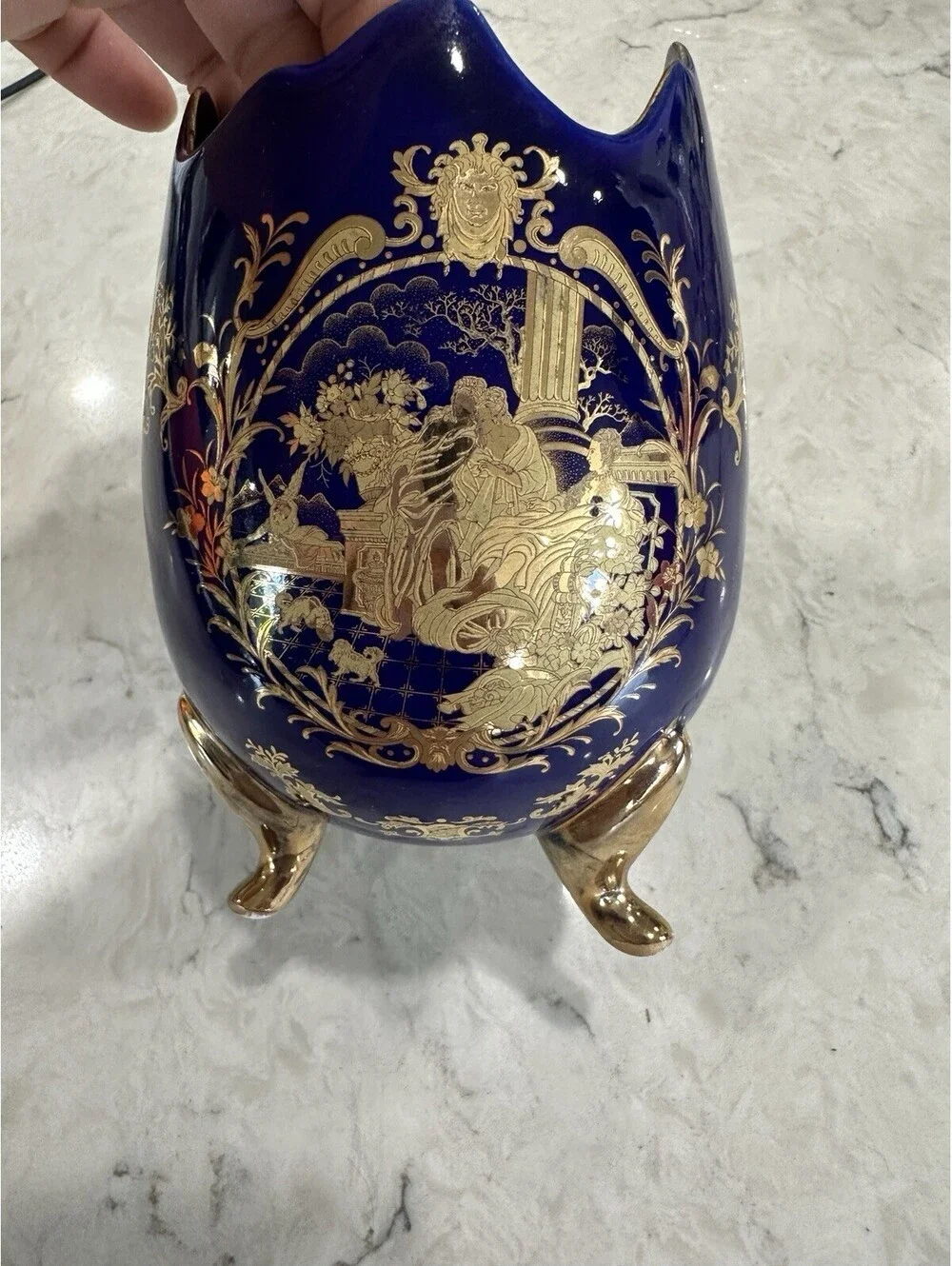 Vintage Limoges French Cobalt Blue Footed Egg Vase With 18k Or 22k Gold Accent